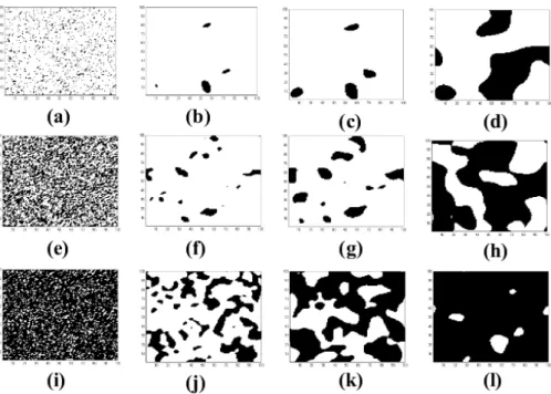 Fig. 2. Spatial distribution of each species at different times: (a), (e), (i) t = 0; (b), (f), (j) t = 100; (c), (g), (k) t = 200; (d), (h), (l) t = 500 where d 1 = 0.4, d 2 = 0.3, and initial x, y and z is 0.7, 0.5, and 0.1, respectively