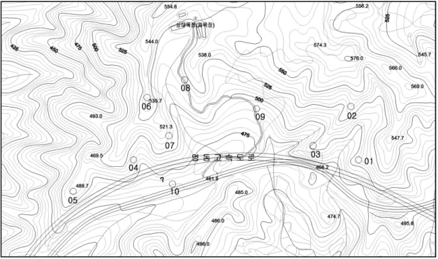 Fig. 5. Location of soil sample주와 횡성사이의 영동고속도로 상에 위치한 고속도로 인접 자연사면이다. Fig. 4는 대상지역의 위성사진을 나타낸 것으로서 그림내 사각형은 급경사지재해 예측 구간을 표시한 것이다