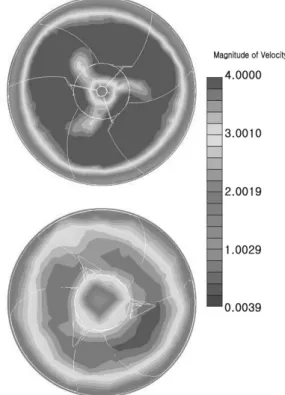 Fig.  7  Comparison  of  velocity  vector  distribution  in  around  the  single  fan  rotating  at  204  rpm:  Fan  A  (top)  and  Fan  B  (bottom)