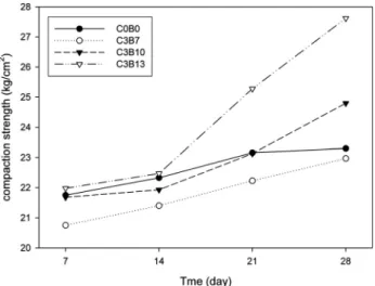 Fig. 6. Compressive strength curve for each curing period 