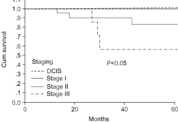 Fig.  4.  Tumor  staging  and  disease  Free  Survival.  Disease  free  survival  curves  according  to  stage  were  statistically  significant  difference  between  groups