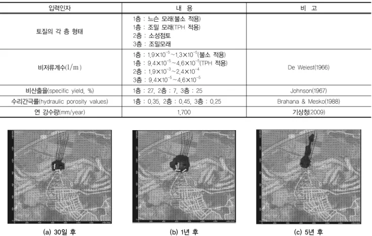 그림 5. 불소(F)의 표층에서 관측한 경과시간에 따른 오염 경과모형이다.  각각의 용질 이동은 서로 영향을 주는 경우에 