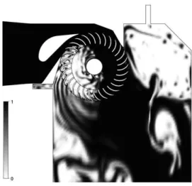 Fig. 7 Pressure contours in the flow field of turbine model (Case 1, N / N bep =1.0, H / H bep =1.0)