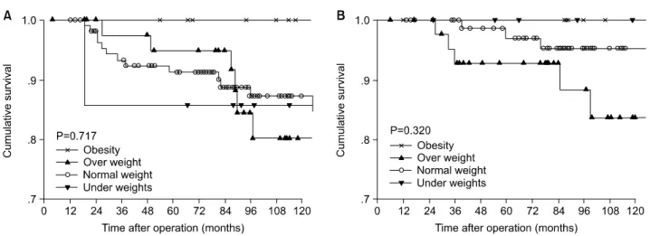 Fig.  6.  Distant  relapse  free  survival  curve  according  to  body  mass  index  in  endocrine  therapy  with  Tamoxifen