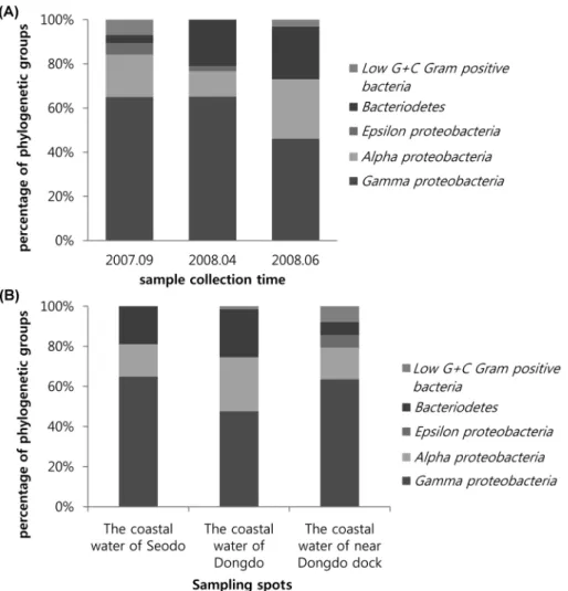 Fig. 1. Comparison of the cultivable bacterial community groups based on 16S rRNA sequence analysis; (A) bacterial community groups as sample collection time  (B) bacterial community groups as sampling spots.