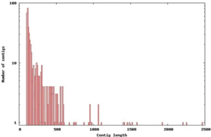 Fig. 3 Size distribution of the contigs generated by de novo  assembly of the filtered and trimmed 454 pyrosequence readsPicoTiterPlate™ (Roche Applied Science, Mannheim, Germany) 