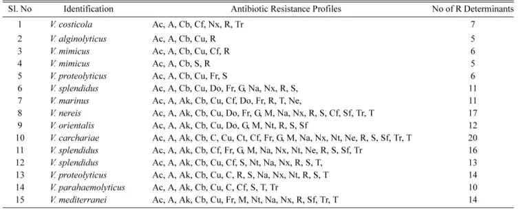 Table 2. Antibiotic resistance profile of  Vibrios isolated from crustaceans. 