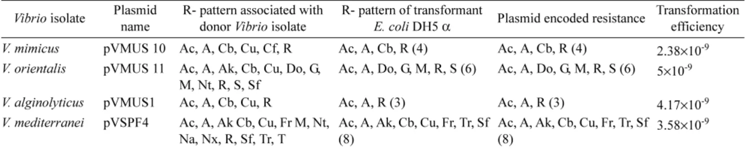 Table 3. Profile of single/ double plasmids in MAR- Vibrios iso- iso-lated from molluscs and crustaceans.