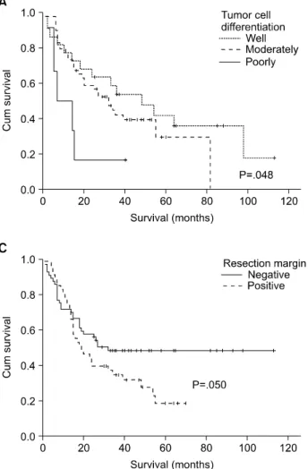 Fig.  3.  Comparision  of  survival  curves  in  patients  who  undergone  curative  operation  to  hilar  cholangiocarcinoma  stratified  by  tumor  histologic  factors:  tumor  cell  differentiation  (A),  presence  of  lymph  node  metastasis  (B)  and 