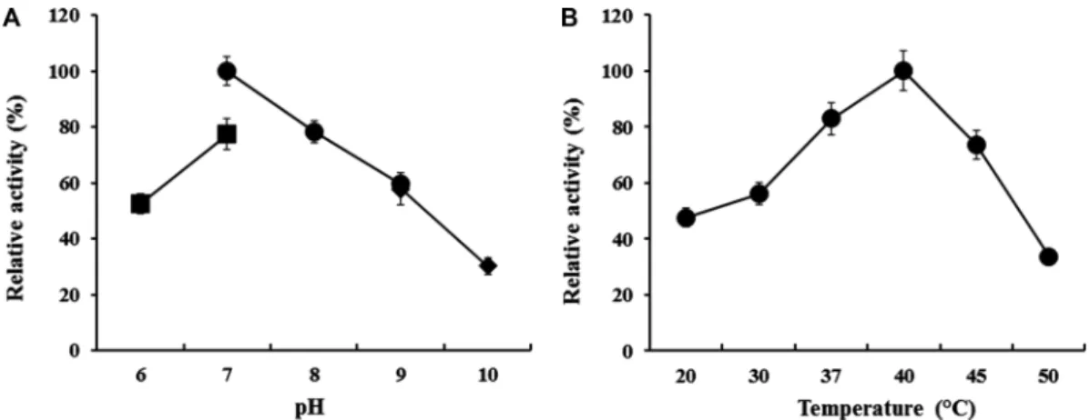 Fig. 4. Effect of carbon source on cell growth (A) and agarase production (B).