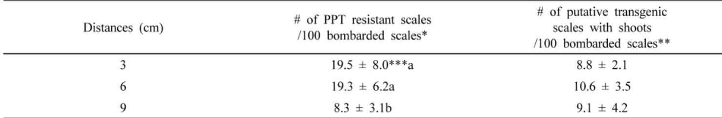 Table 3 Effect of distances between target scale tissues and holder of particle bombardment device on transformation efficiency in  scales of Lilium longiflorum “red flame” 