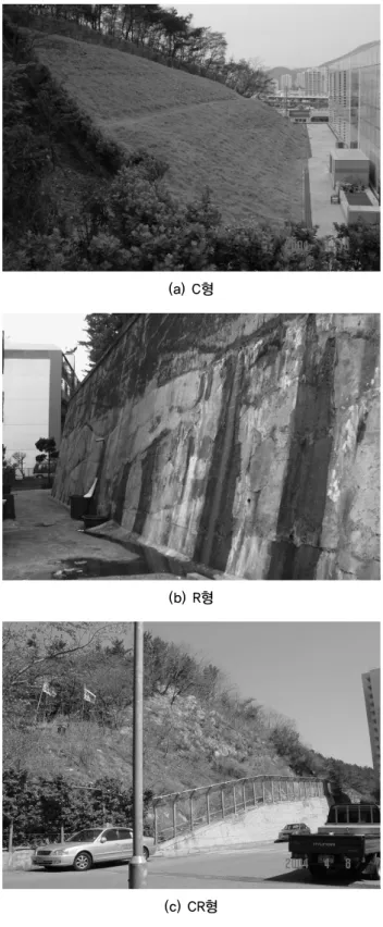 표 2. 인접시설에 따른 절개사면의 분포 인접시설의 종류 사면수 개소( ) 비율(%) 사면길이(m) 비율(%) 주거시설 아파트( ) 33 32 4,045 28.8 근린시설 8 8 697 0.1 학 교 38 37 5,221 37.2 도 로 24 23 4,053 28.9 합 계 103 100 14,016 100