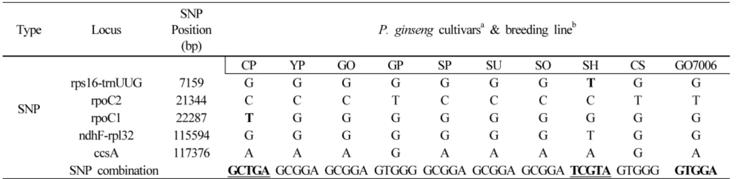 Table 2 SNP combinations among Korean ginseng accessions by comparison of the cp genome