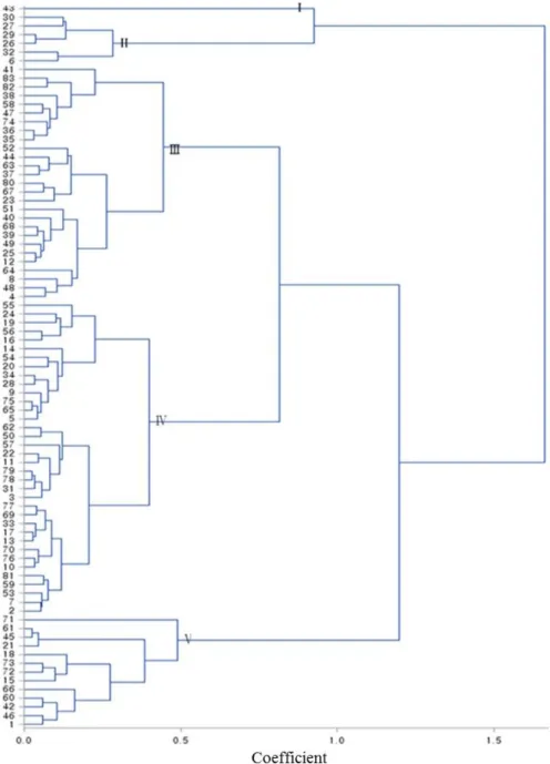 Fig. 2 Dendrogram of 83 Cucumis melo collections classified by cluster analysis based on average linkage of principal component scores음(-)이고  제2주성분의  값이  양(+) 2사분면의  멜론들에 비해 FW, FD 값이 큰 경향을 보였다.군집분석이상의 분석결과를 종합하여 Cluster analysis를 수행한 결과, cluster 간의 평균 거리가