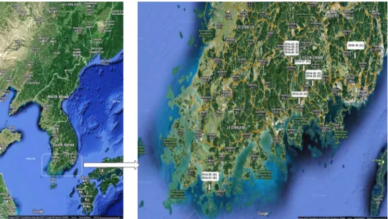 Fig. 1 Sampling locations of 12 Cudrania tricuspidata Bureau ecotypes (Google Maps) Table 2 Primer sequences used in this study