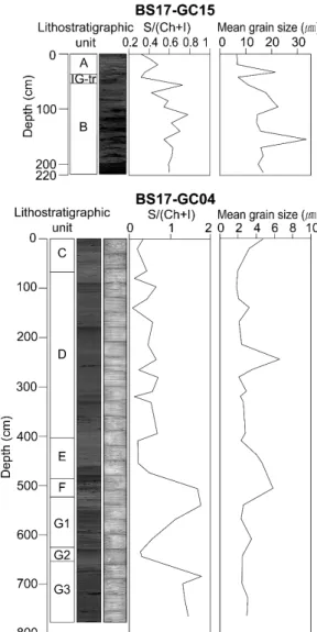 Fig. 2. Core image and downcore variation of smec-  tite/(chlorite + illite) ratio and mean grain size (µm)  with lithostratigraphic unit of core BS17-GC15 and  BS17-GC04