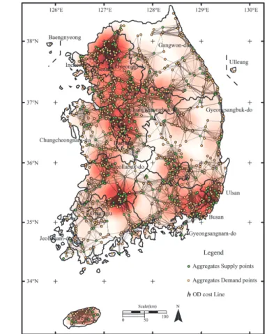 Fig. 8. Results map of O-D cost matrix analysis limited 50km distance and cost line density.