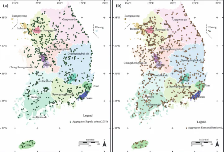 Fig. 1. Location map of Aggregate (a) supply(aggregate quarries) and (b) demand(ready-mixed concrete plants) sites in 2018.