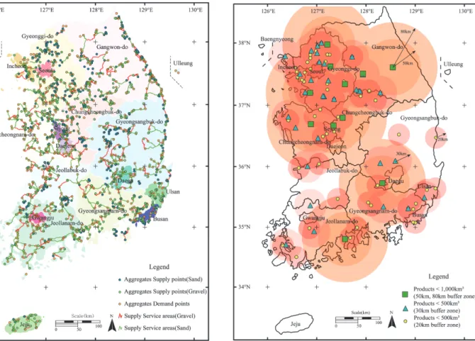 Fig. 4. Map of the closest pathways from aggregate supply to demand sites.