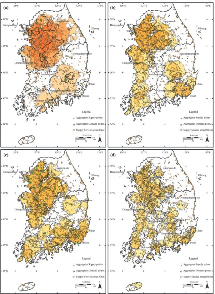 Fig. 6. Maps of service areas of aggregate supply sites using network analysis. Results maps are carried on (a) 50 km, 11 sites in group 1, (b) 50 km, 32 sites in group 2, (c) 30 km, 62 sites in group 3, (d) 30 km, 89 sites in group 4.