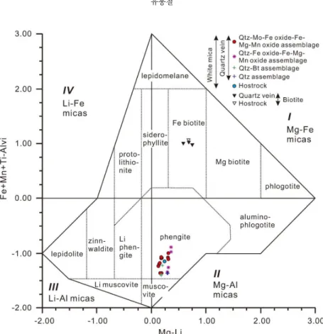 Fig. 4. Mica varieties in terms of Mg-Li vs. Fe + Mn + Ti - Al vi  (Modified after Tischendorf et al., 1997)