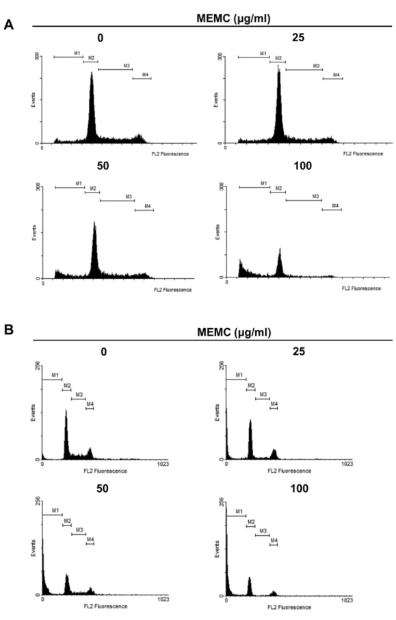 Fig. 2. Accumulation of subG1-phase cells by MEMC treatment. A549 and HepG2 cells were treated with indicated concentrations of MEMC for 48 h, stained with propidium iodide for 10 min and analyzed by flow cytometry