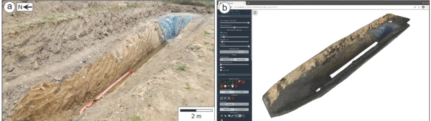 Fig. 5. (a) Photograph of the Ugak-ri trench site. (b) A captured image of the Ugak-ri point clouds reproduced by the Potree software.