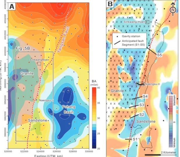 Fig. 5. A shows that the Bouguer anomaly map over the study area (Sinkwangmyen, Pohang) has a mean value of approximately 30 mGal with a range from 20 to 40 mGal