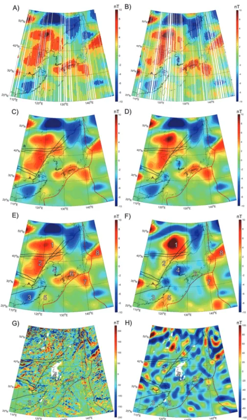 Fig. 3.  Total field anomaly residuals from A) ascending and B) descending passes after wavenumber correlation filtering was processed.