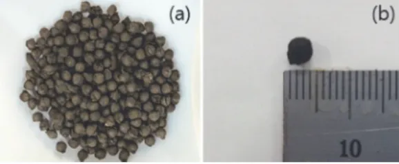 Fig. 1. A photograph (a) and size (b) of the adsorbent (ASBA) prepared in this work.