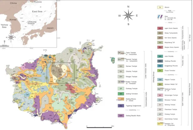 Fig. 1. Physiographic map and geological map of Ulleung Island after Hwang et al. (2012), with a rectangular line indicating the location of Fig