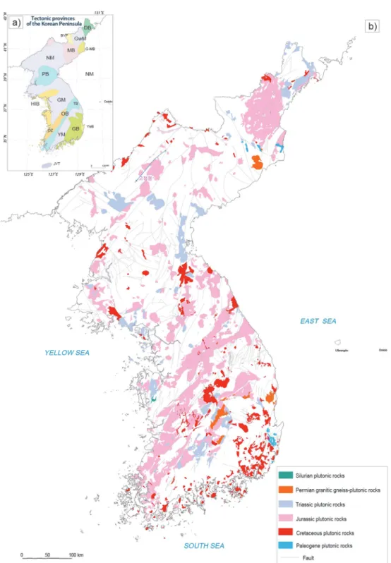 Fig. 1. a) Tectonic provinces of the Korean Peninsula and b) Geologic map of the Korean Peninsula showing the distribution of the Phanerozoic plutonic rocks, modified after Kee  et al
