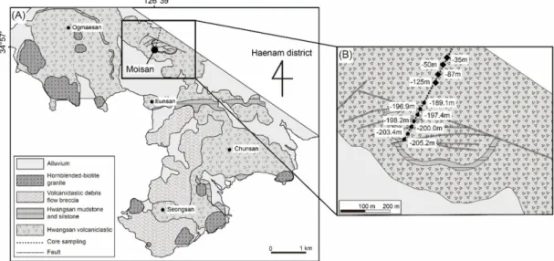 Fig. 1. (A) Geological map of the Haenam district, and (B) the Moisan Au-Ag deposit, and position and levels (meter below sea level; mbsl) of core sampling