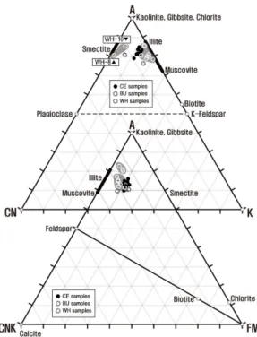 Fig. 12. Plotted on ternary diagrams showing the A-CN-K and A-CNK-FM for ceramic specimens