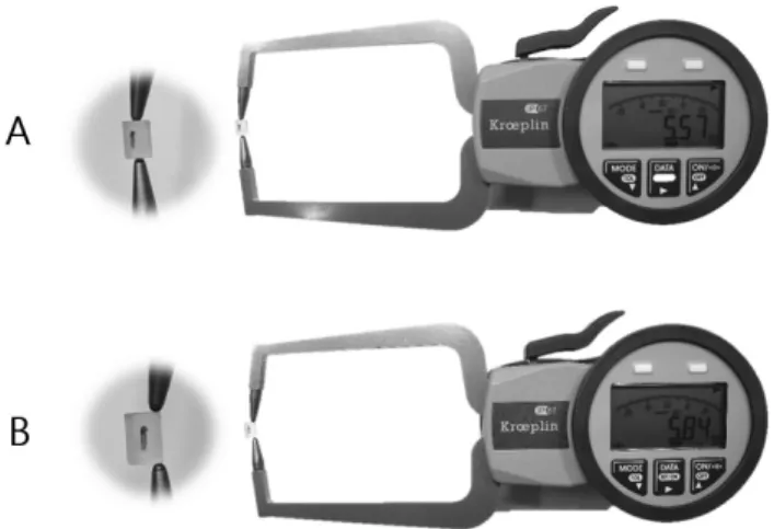 Figure 4.  Measure  the  length  of  the  specimen  using  a  digital  meter.  (A)  Inner diameter measurement, (B) Outer diameter measurement.
