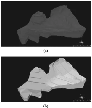 Fig. 7. 3D models employed for the mine recla- recla-mation project monitoring compared the final project  plan; (a) 3D surface model extracted from UAV  processing representing current stage, and (b) 3D  surface model derived from project report presentin
