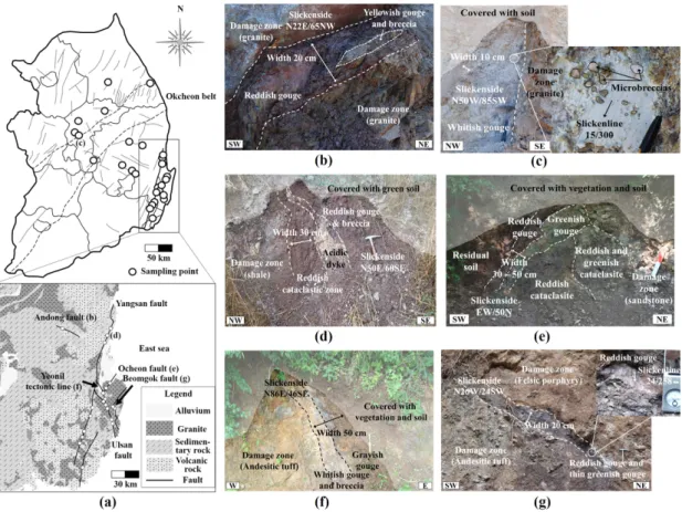 Fig. 1. Representative outcrop photographs of fault cores in different host rock types