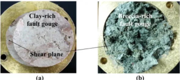 Fig. 6. Photographs showing the samples after the direct shear tests. (a) Fault gouge with a smooth shear plane