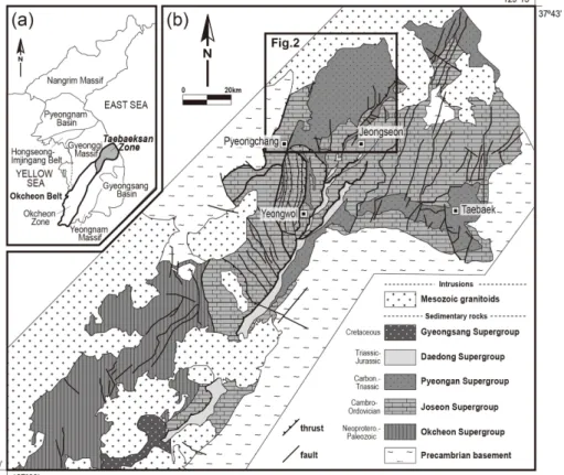 Fig. 1. (a) Regional tectonic map of the Korean Peninsula (modified after a 1:1,000,000 tectonic map of Korea; KIGAM, 2019)