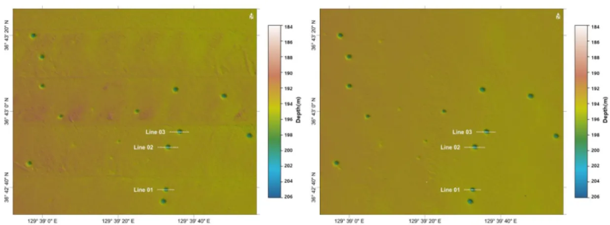 Fig. 11. Comparison of bathymetry of a pockmark site between 2013 survey(left) and 2019 survey(right).