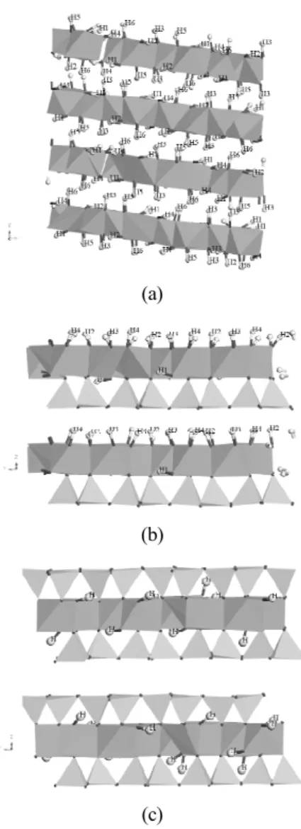 Fig. 1. Snapshots of MD simulations (at 300 K, 1  atm) for (a) gibbsite, (b) kaolinite, (c) pyrophyllite