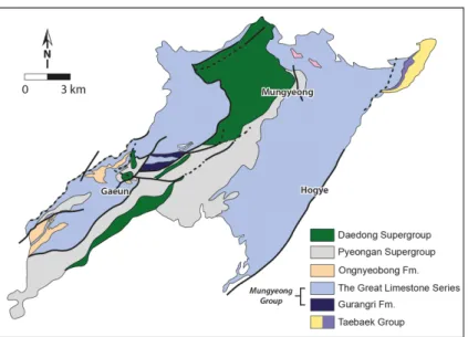 Fig. 5. Geologic map of the Mungyeong area, southern part of the Taebaeksan Basin (Modified from Kim, 2016)