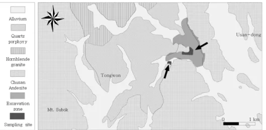 Fig. 1. Geologic map and the location of the sampling site.