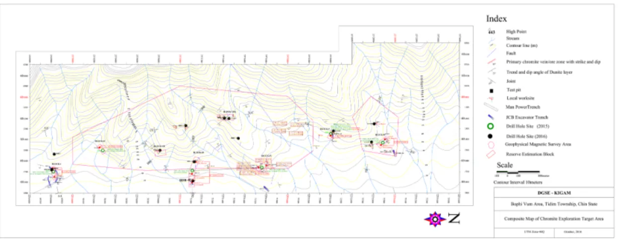 Fig. 9. Composite map based on exploration data of Bophivum chromium mineralized zone modified from Heo et al.