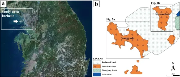 Fig. 2. Location of sampling points. (a) Oseongsan (OS) and Eulwangsan (EW) (modified after Lee et al., 2018); (b) Sammokdo (SM)