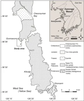 Fig. 1. Geological map of the Taean-Anmyeondo area (adapted from de Jong et al., 2014).