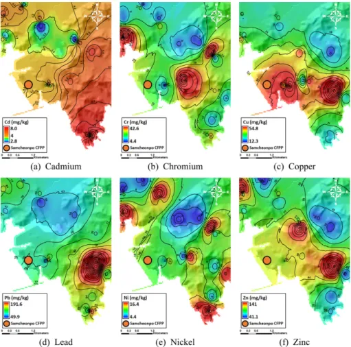 Fig. 2. Spatial distribution of heavy metals in the Samcheonpo power plant area.