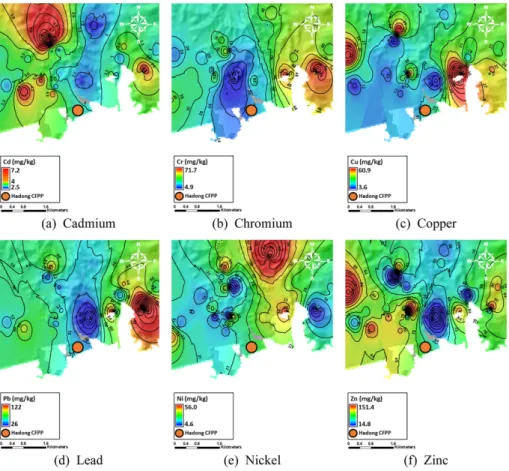 Fig. 3. Spatial distribution of heavy metals in the Hadong power plant area.