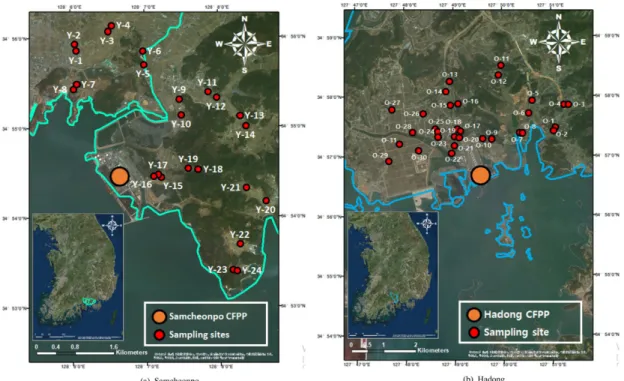 Fig. 1. Distribution of soil sampling sites in (a) Samcheonpo and (b) Hadong areas.