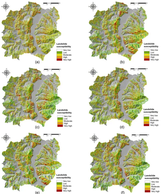 Fig. 7. Landslide susceptibility maps for Jinbu area: (a) Case 1, (b) Case 2, (c) Case 3, (d) Case 4, (e) Case 5, (f) Case 6.